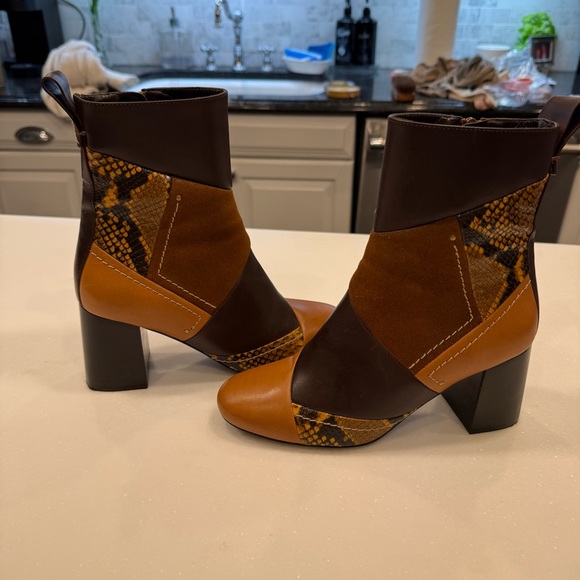 SEE BY CHLOE WOMEN'S BROWN TAN & SNAKE SKIN LEATHER ANKLE BOOTS US 7 EU 37 - Picture 10 of 13